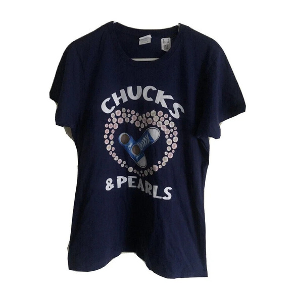 Chucks & Pearls Blue Sneakers T Shirt Short Sleeves Top size L - Picture 1 of 2